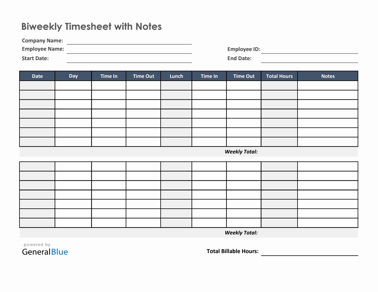 Biweekly Timesheet With Notes in Excel