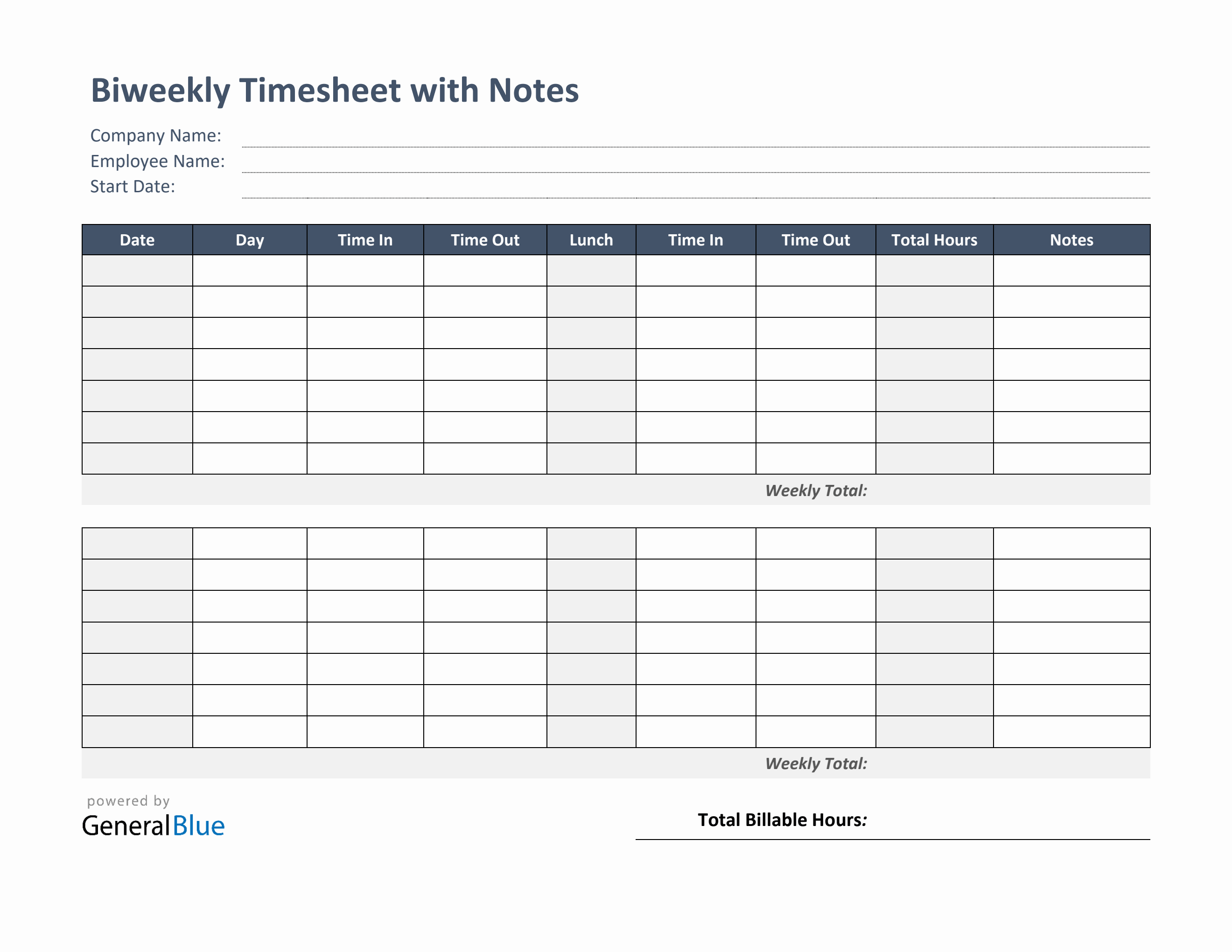Biweekly Timesheet With Notes in Word Within Weekly Time Card Template Free