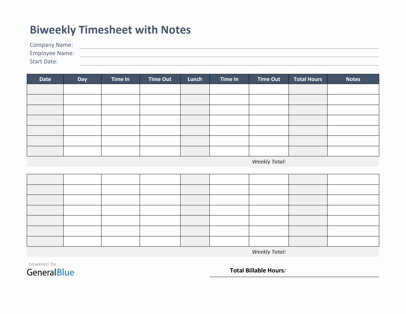 Biweekly Timesheet With Notes in Word