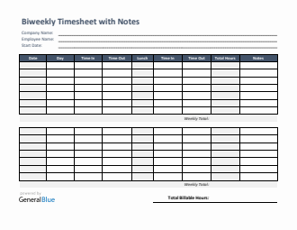 Biweekly Timesheet With Notes in PDF