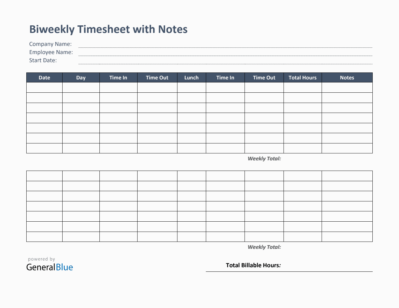 Biweekly Timesheet With Notes in PDF