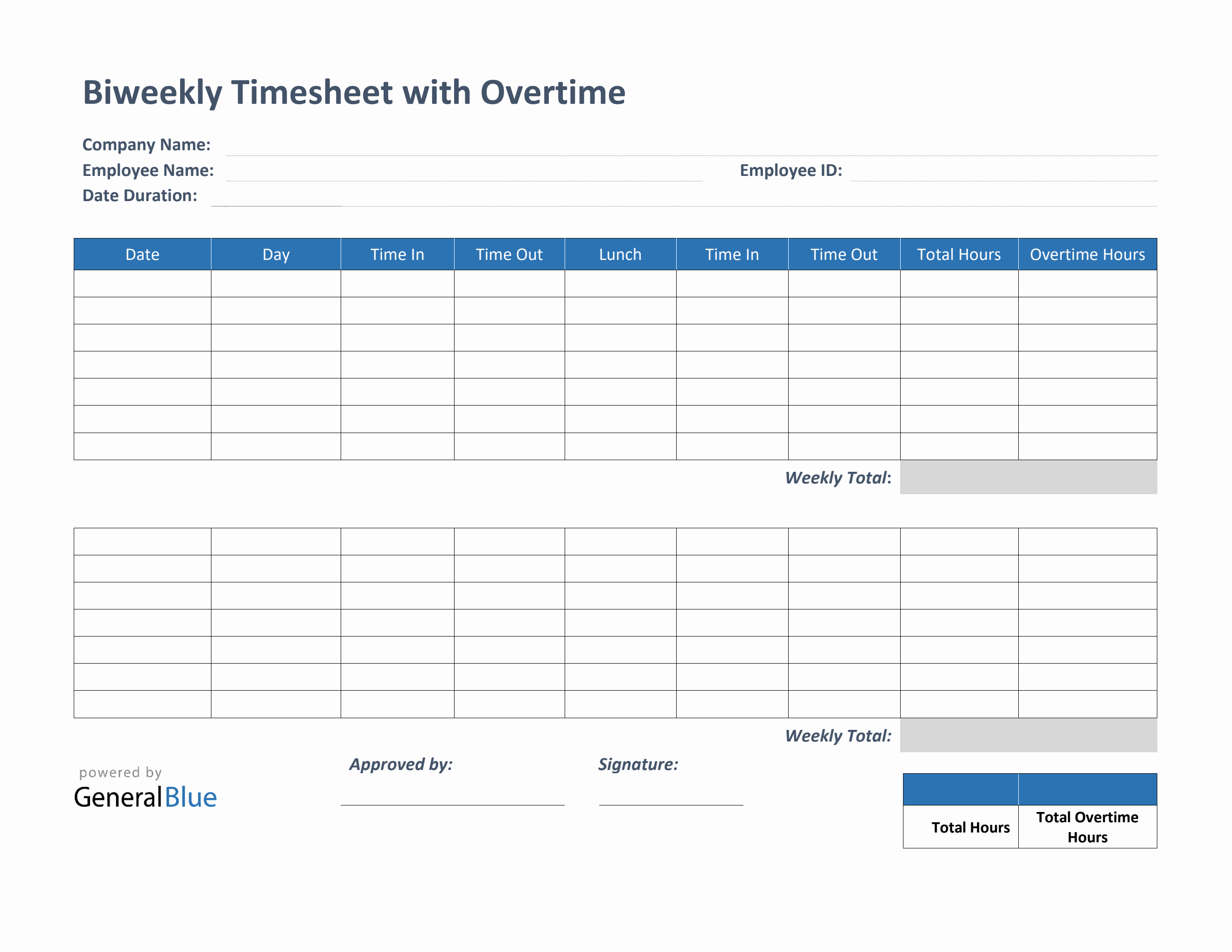 Biweekly Timesheet With Overtime Calculation in Word