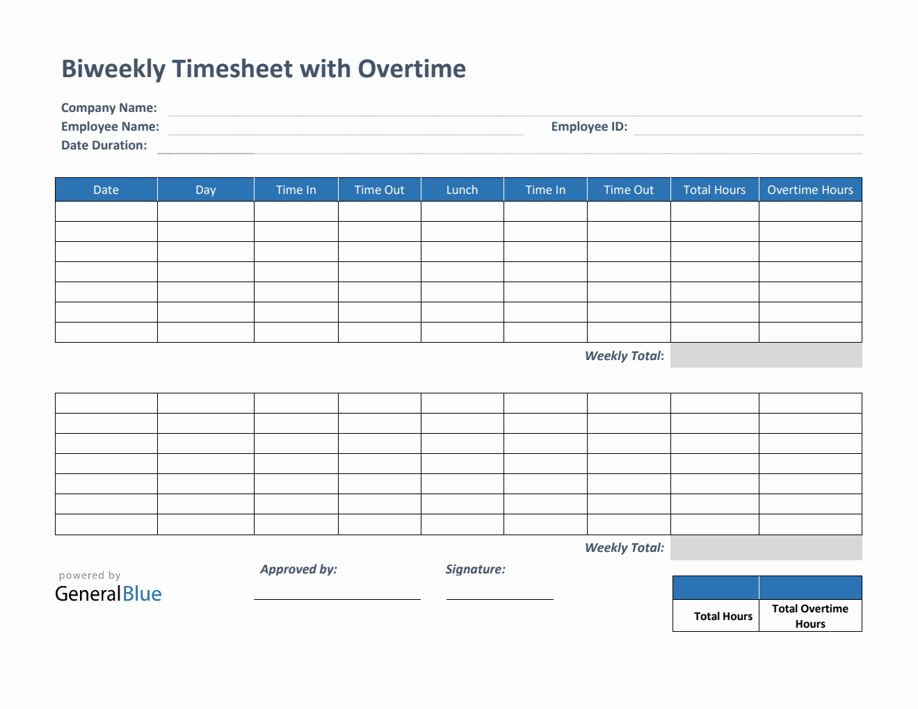 Biweekly Timesheet With Overtime Calculation in Word