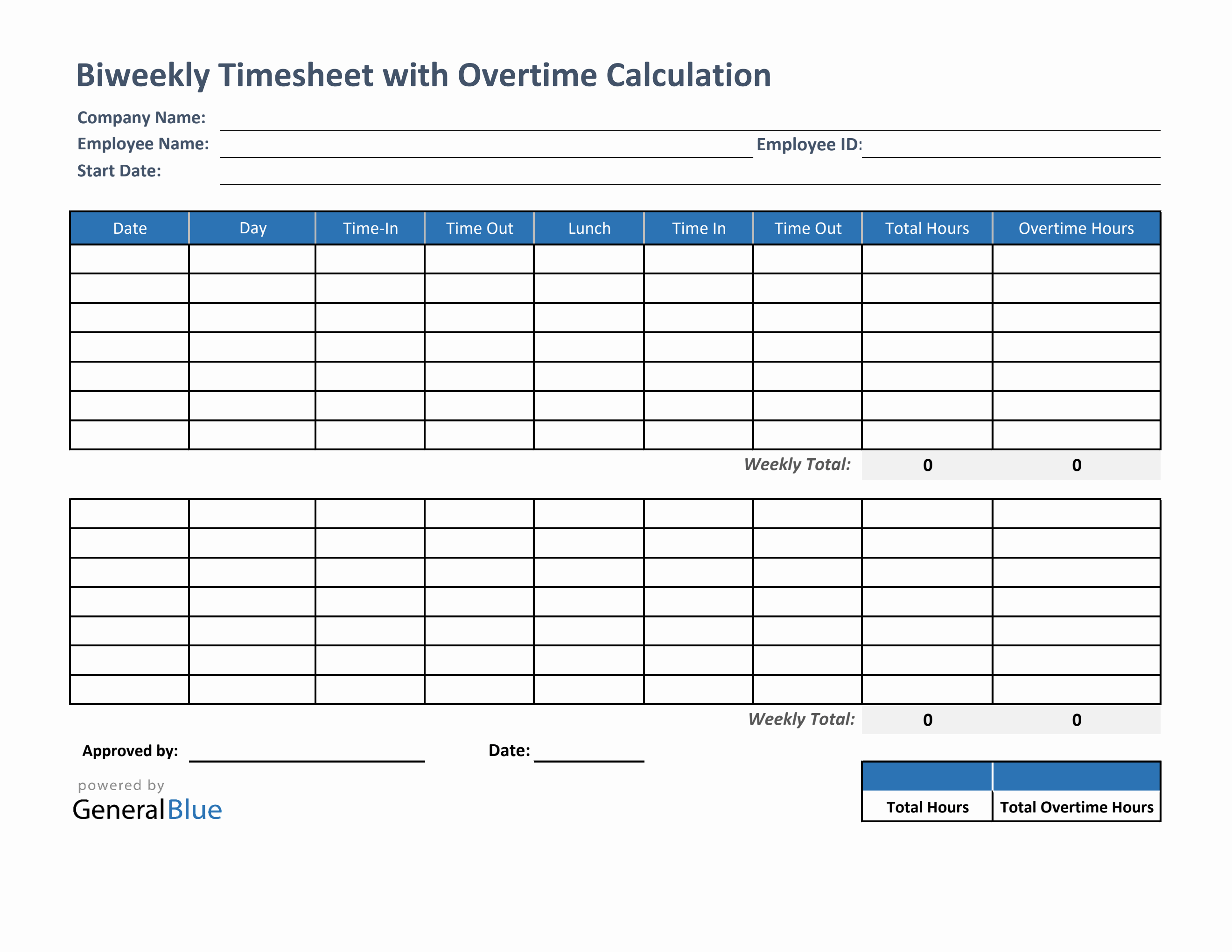 Biweekly Timesheet With Overtime Calculation in Excel