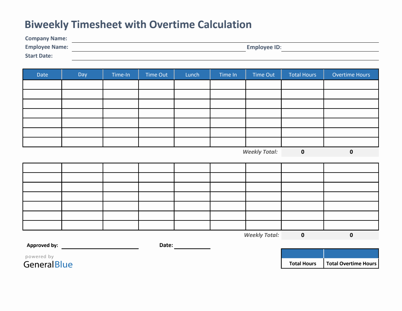 Biweekly Timesheet With Overtime Calculation in Excel