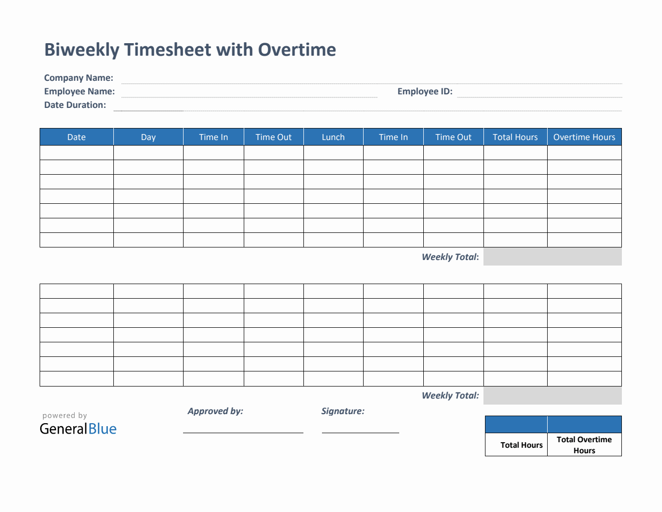 Biweekly Timesheet With Overtime Calculation in PDF