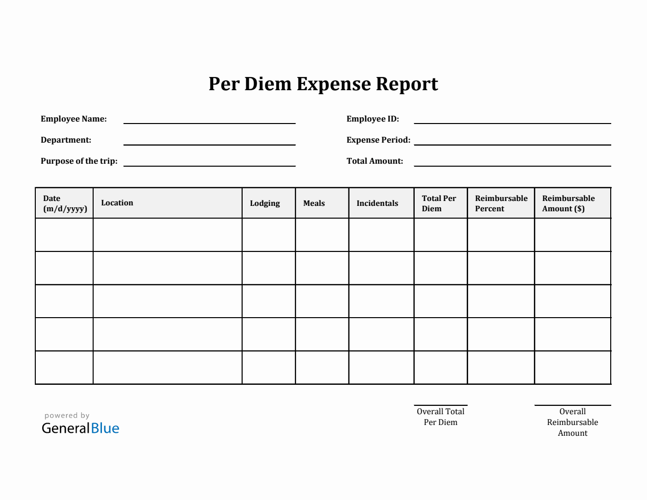 Blank Per Diem Expense Report Template in Excel (Plain)