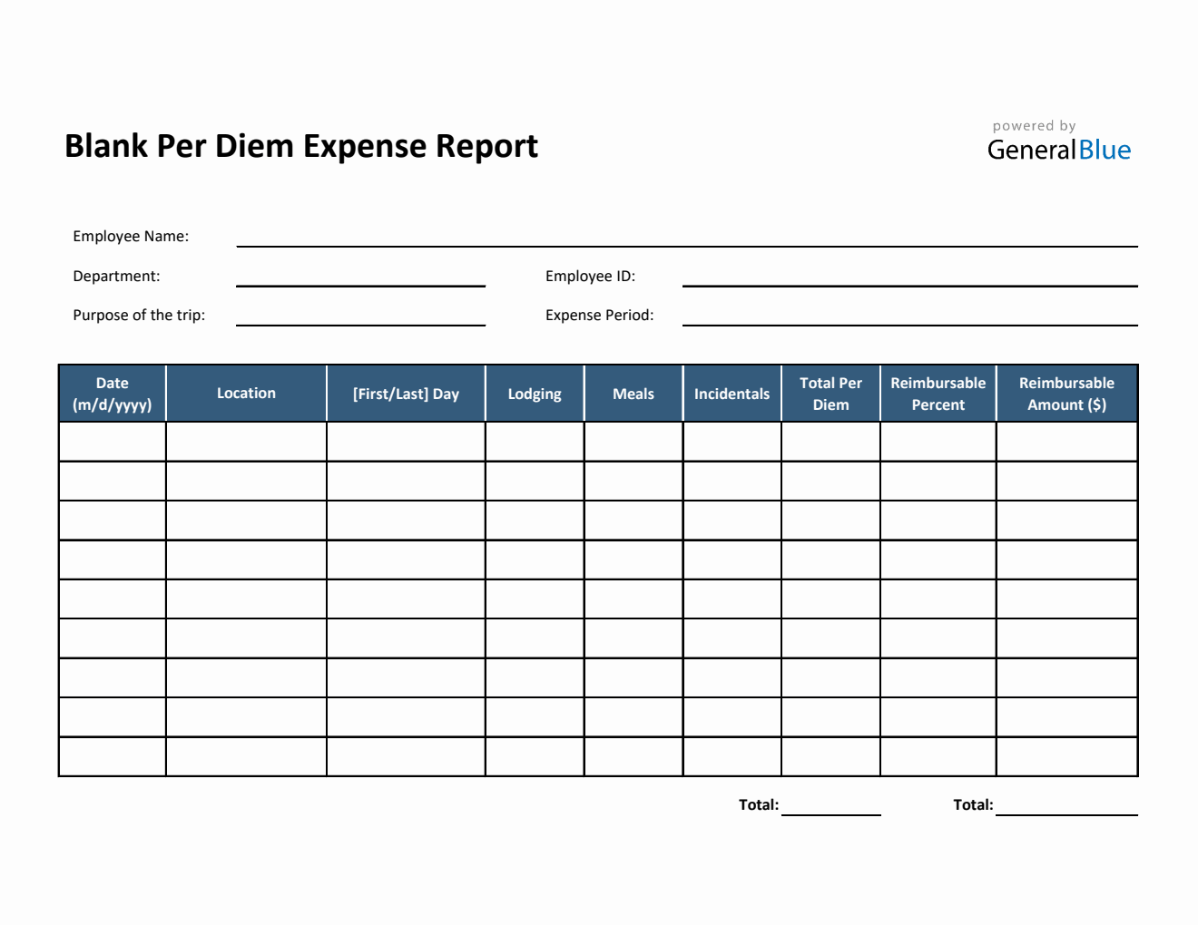 Blank Per Diem Expense Report Template in Excel (Simple)