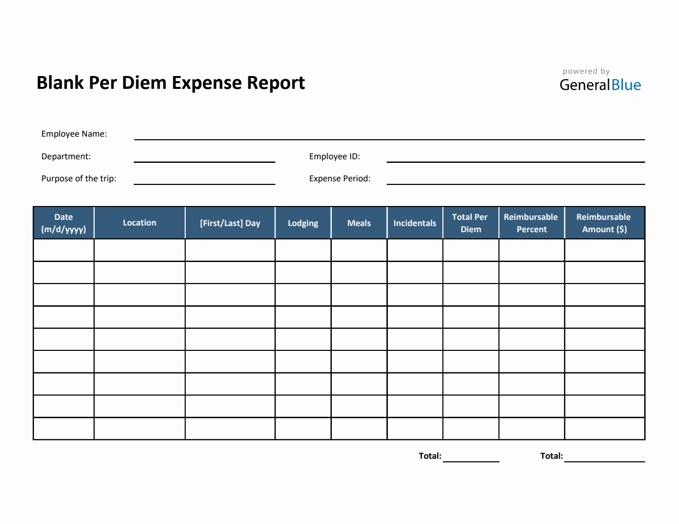 Blank Per Diem Expense Report Template in Excel (Simple)