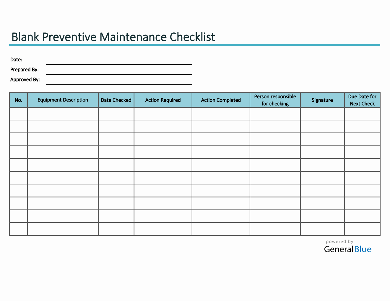 Blank Preventive Maintenance Checklist in Excel