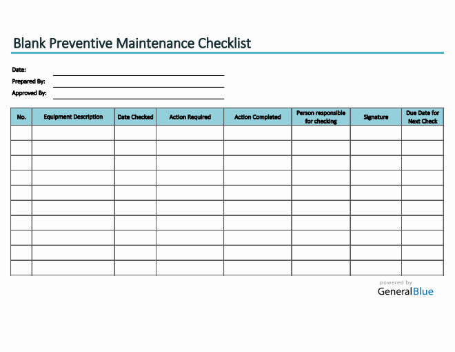 Blank Preventive Maintenance Checklist in Excel