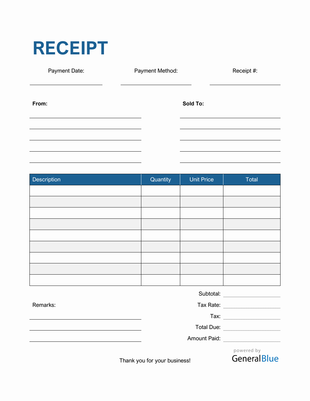 Blank Receipt Template in PDF (Striped)