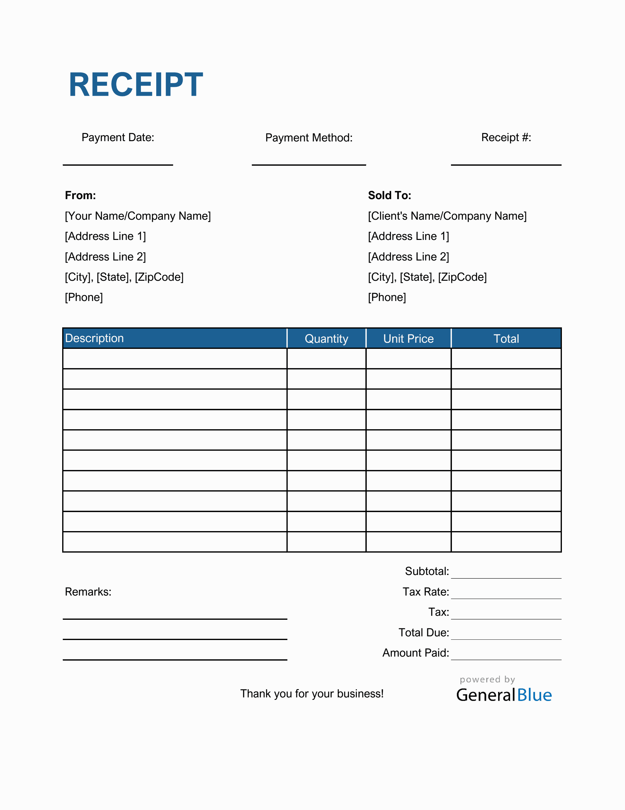 Blank Receipt Template in Excel (Striped) With Regard To Credit Card Receipt Template