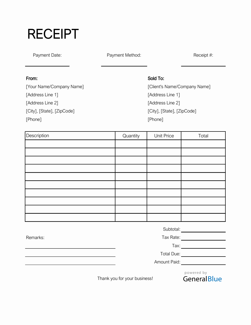 Blank Receipt Template In Excel Simple