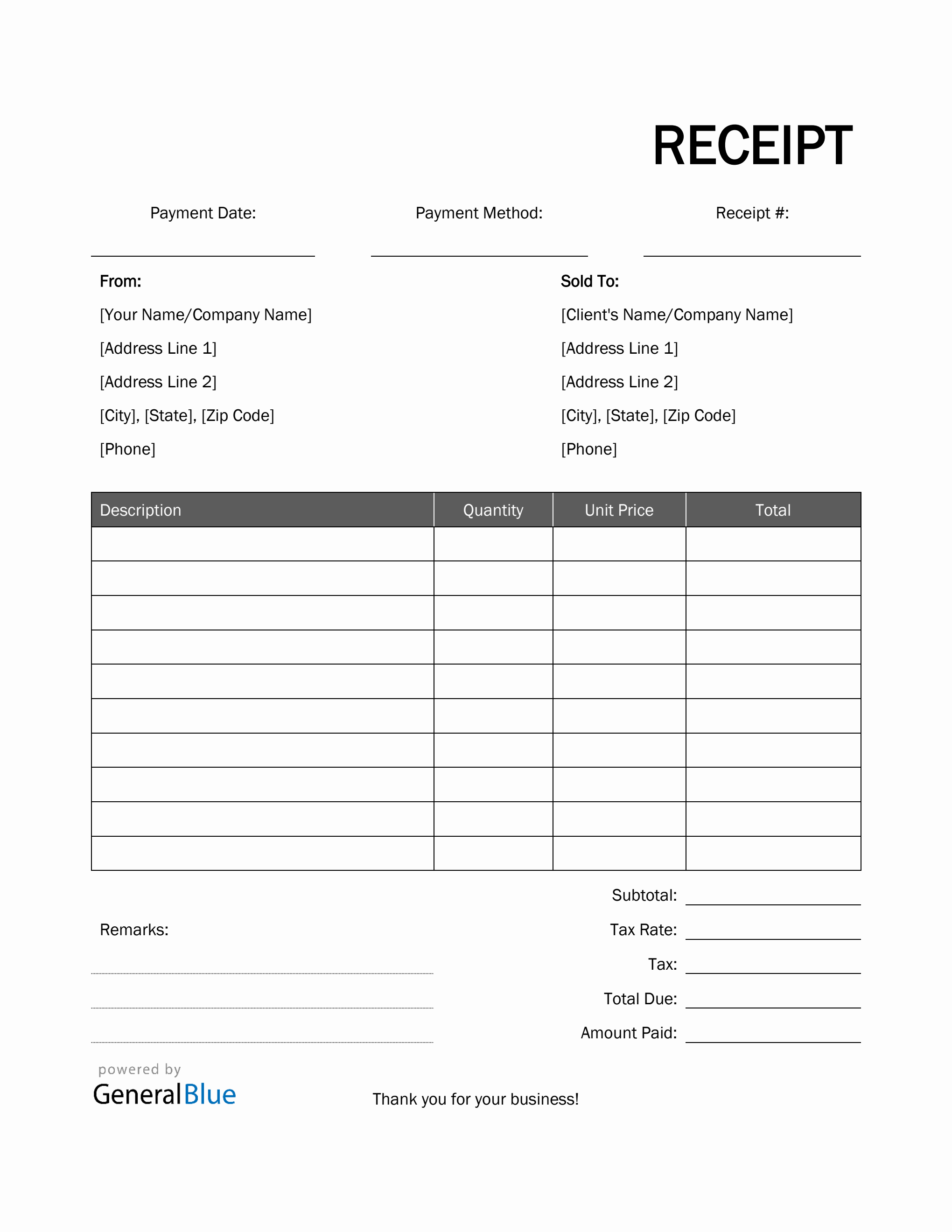 blank receipt template in word basic