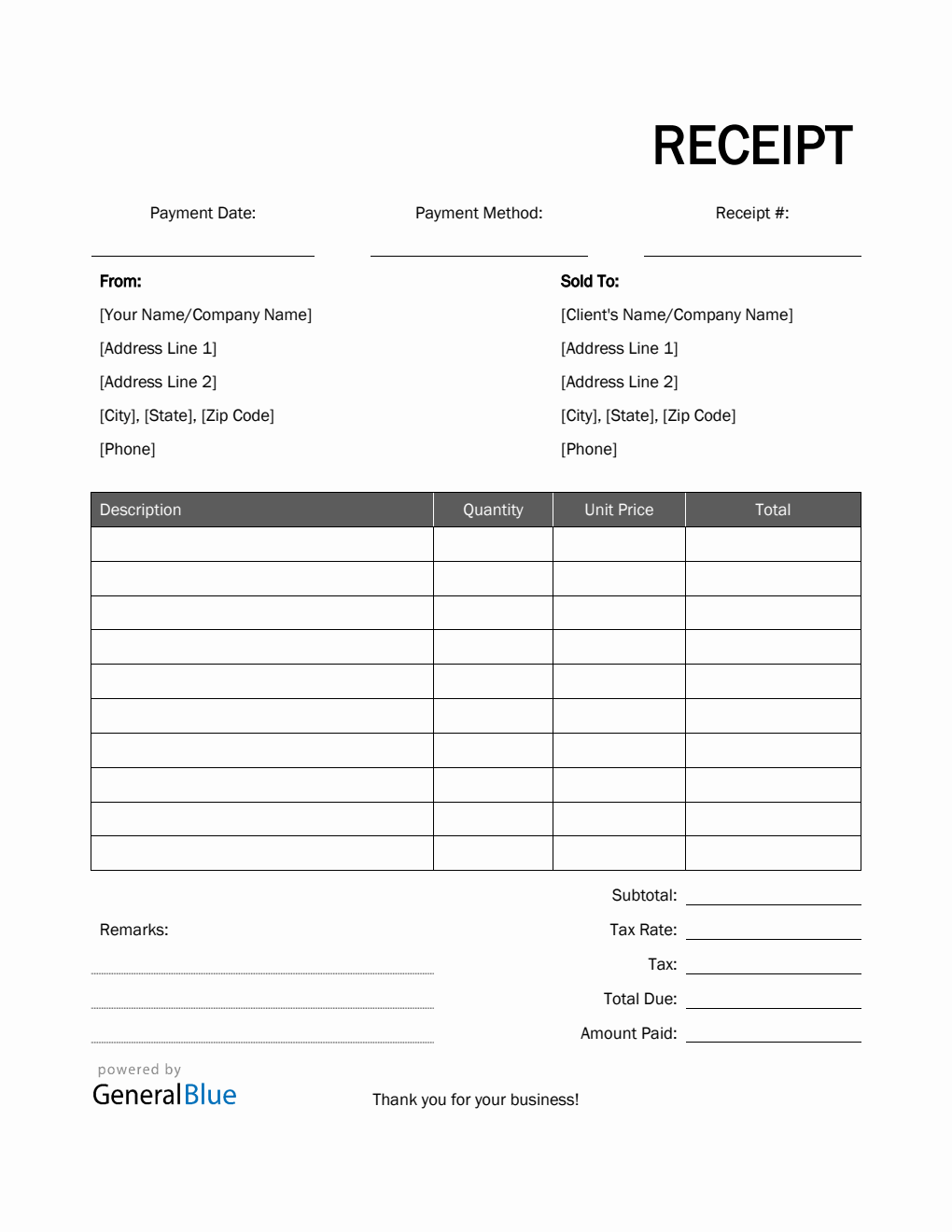Blank Receipt Template in Word (Basic)