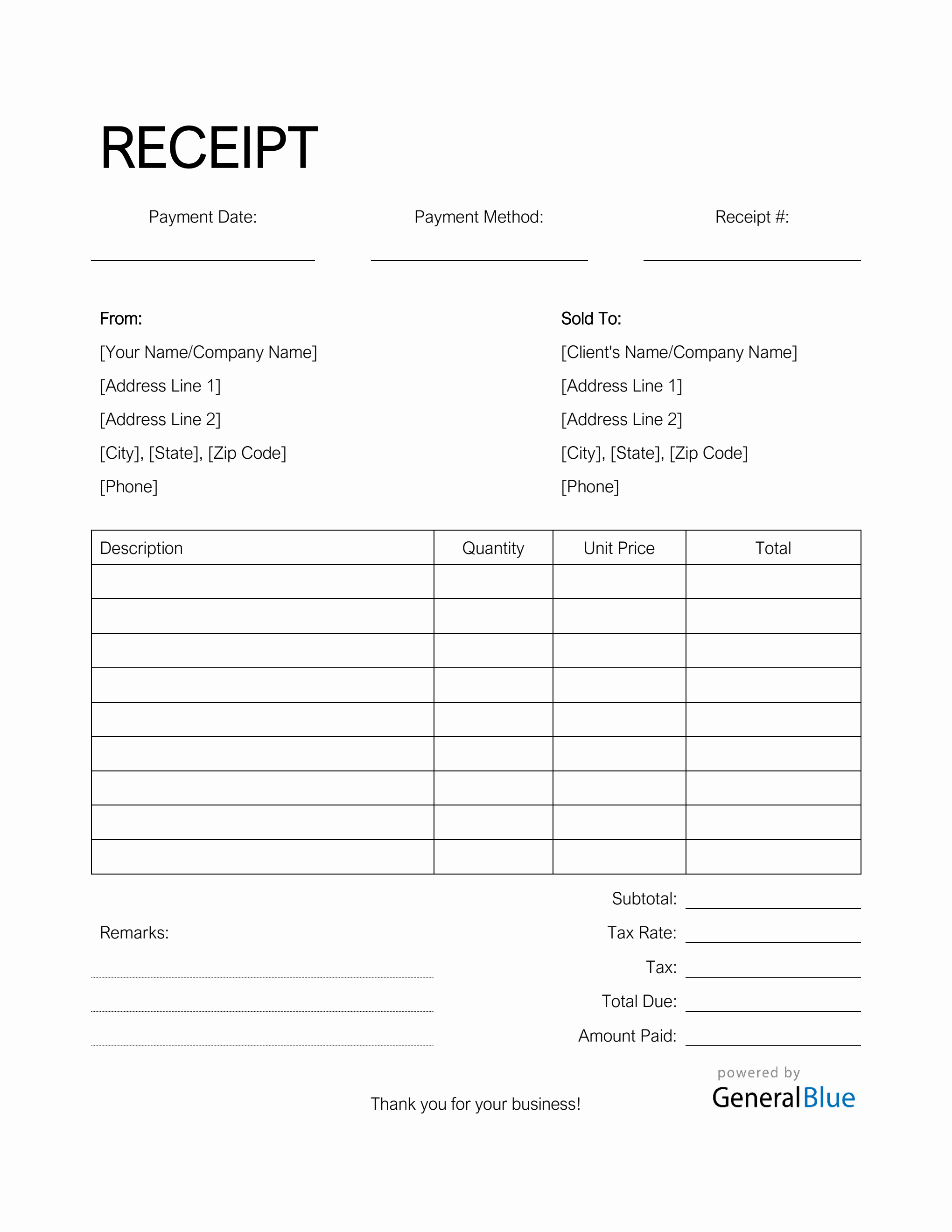 Word Template Full Page Receipt