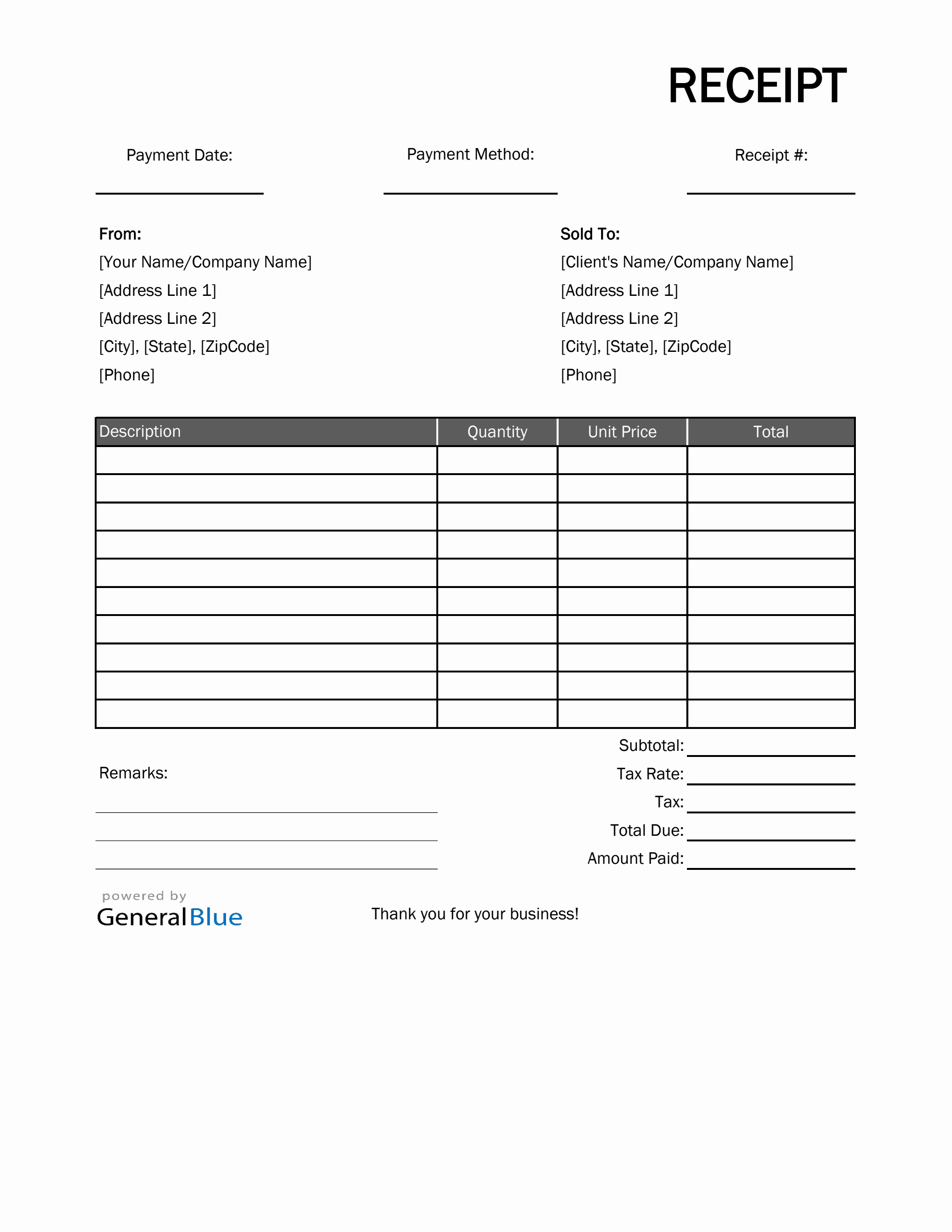 Blank Receipt Template in Excel (Basic) For Credit Card Receipt Template
