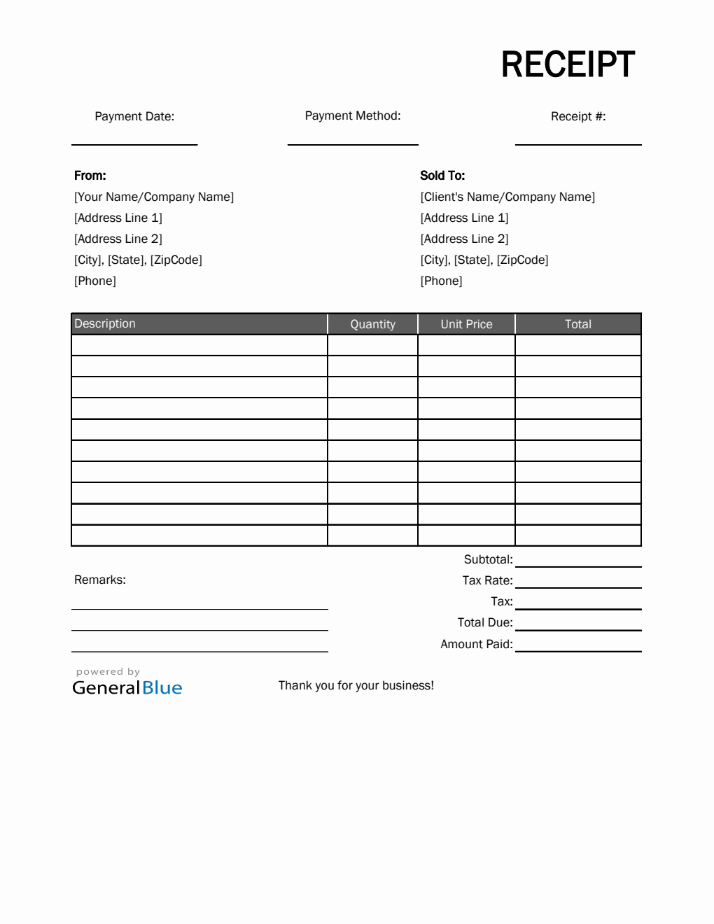 Blank Receipt Template in Excel (Basic)