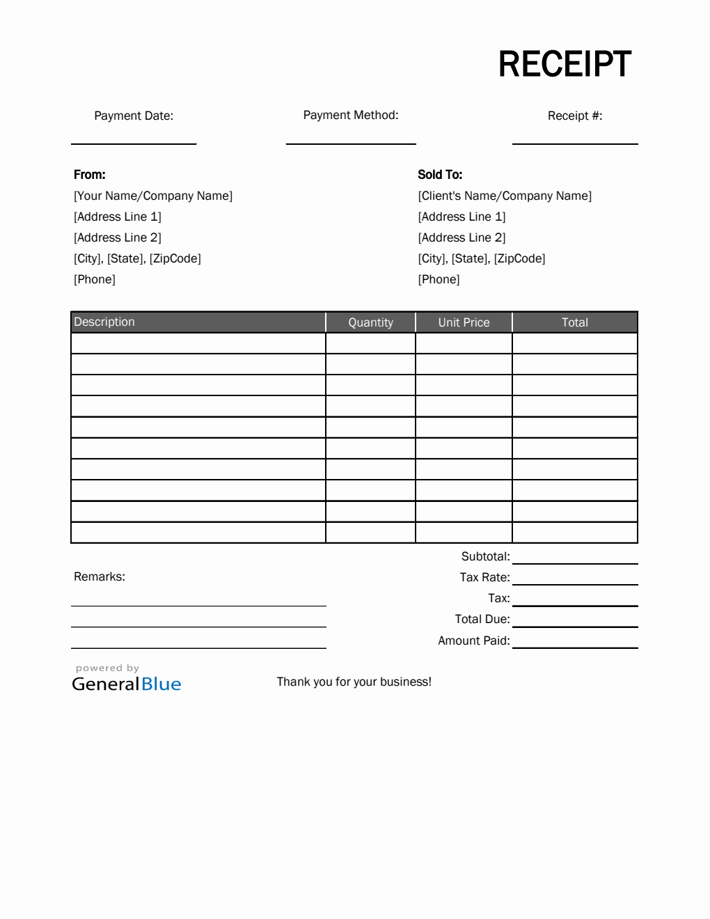 Blank Receipt Template In Excel Basic
