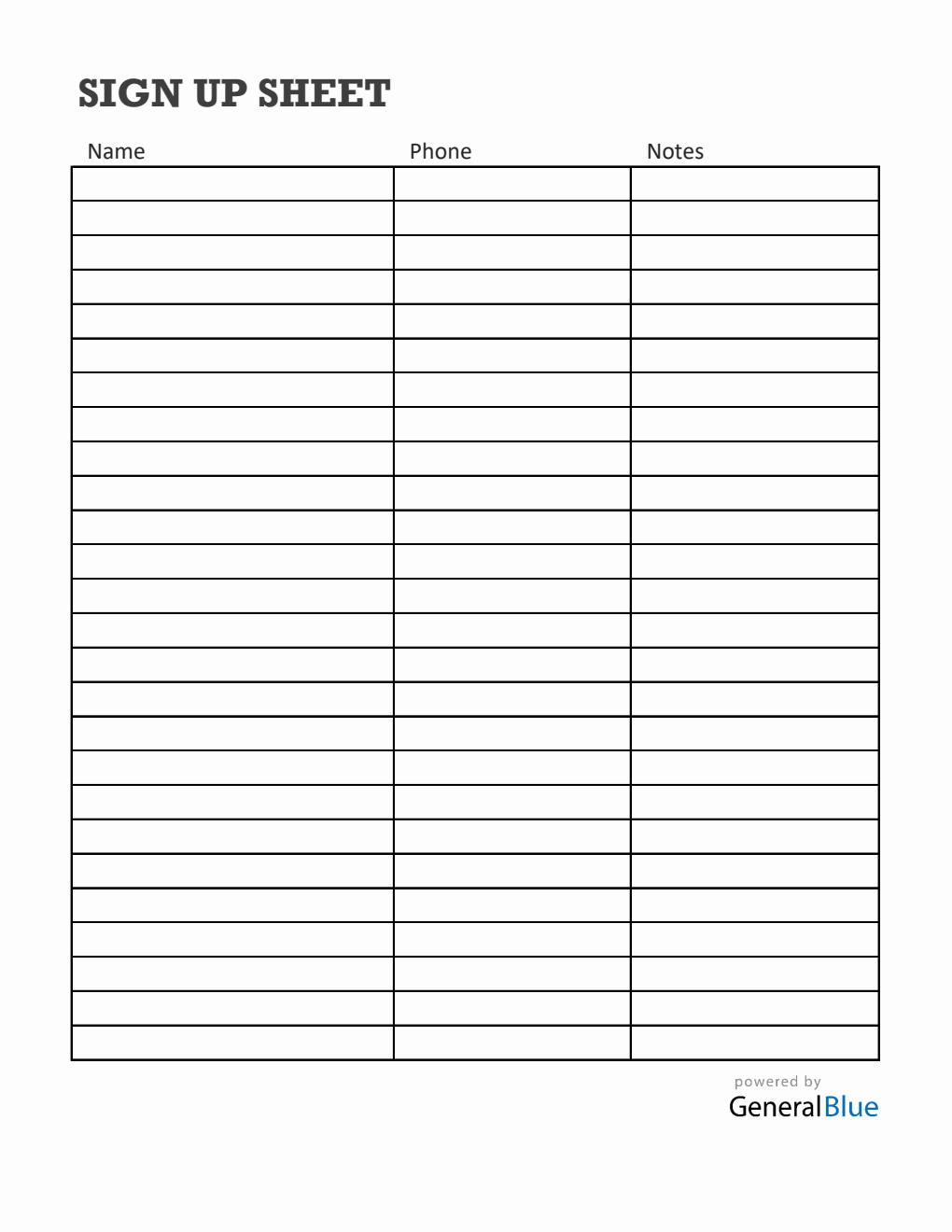 Blank Sign-Up Sheet in Excel