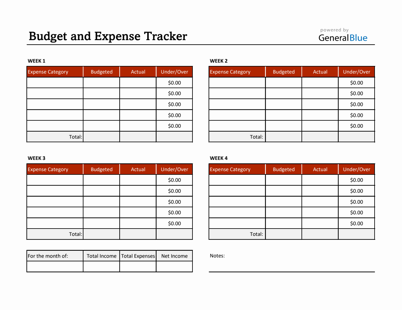 Budget and Expense Tracker in Excel (Red)