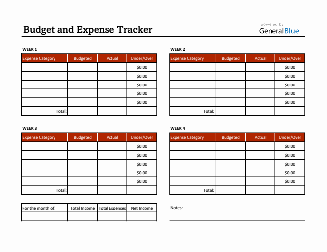 Budget and Expense Tracker in Excel (Red)