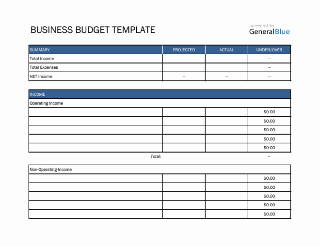 Business Budget Template in Excel (Blue)