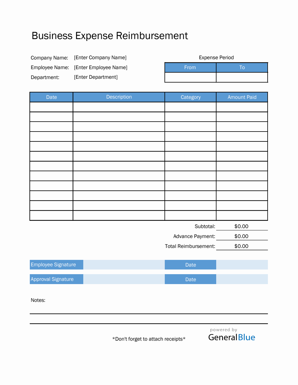 Business Expense Reimbursement in Excel (Blue)