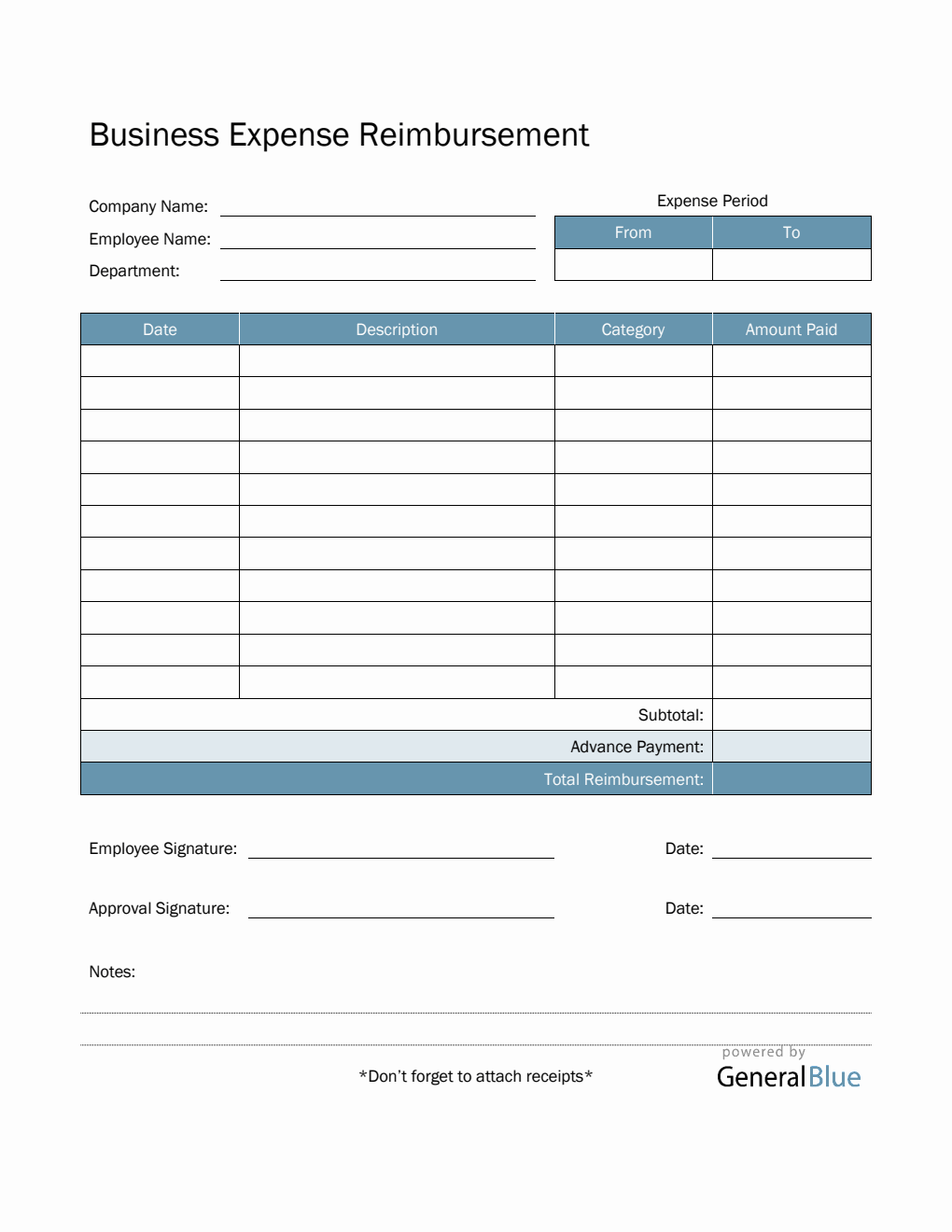 Business Expense Reimbursement in PDF (Aqua)