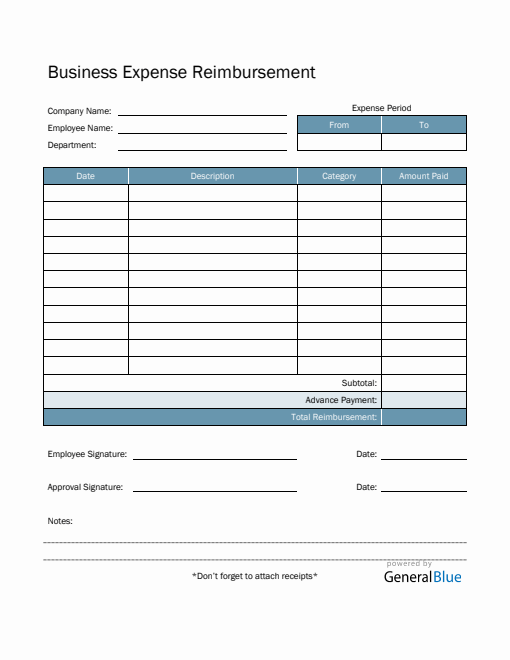 Business Expense Reimbursement in PDF (Aqua)