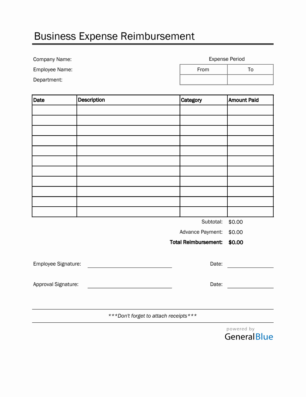 Business Expense Reimbursement in Excel (Printable)