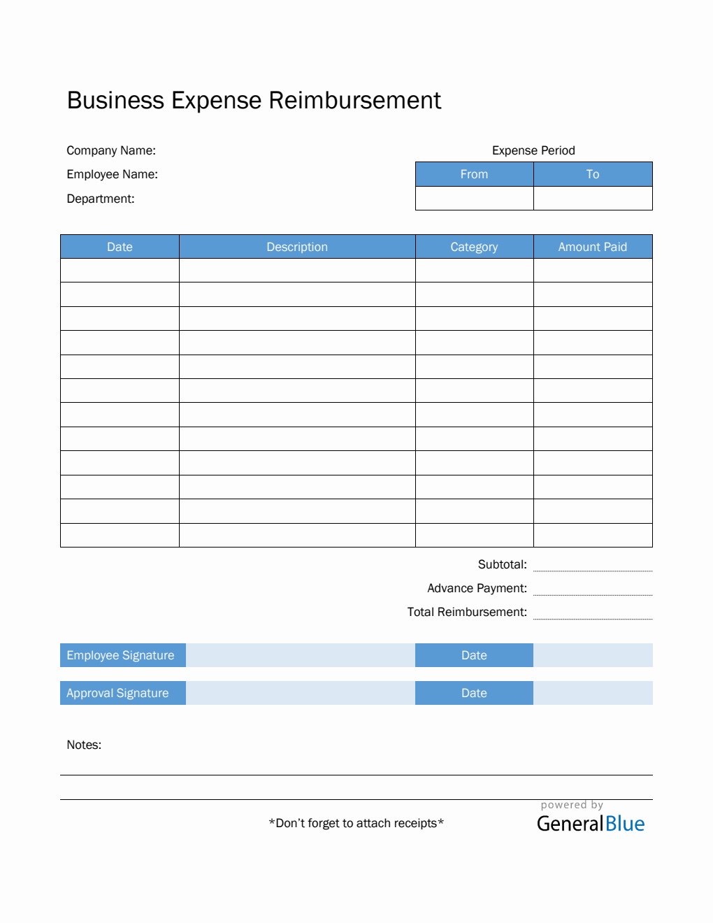 Business Expense Reimbursement in PDF (Blue)