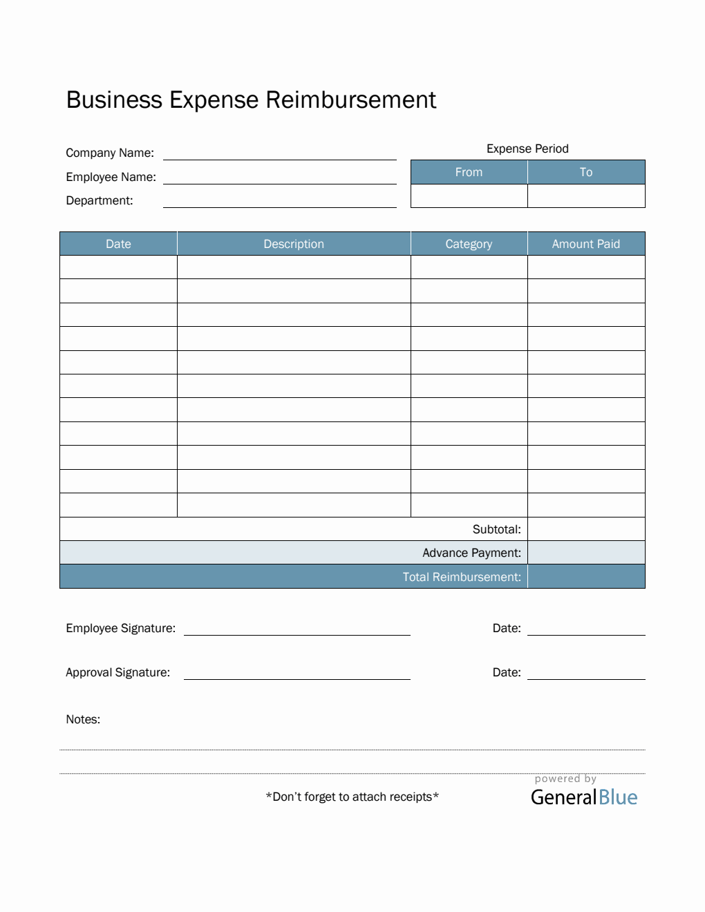 Business Expense Reimbursement in Word (Aqua)