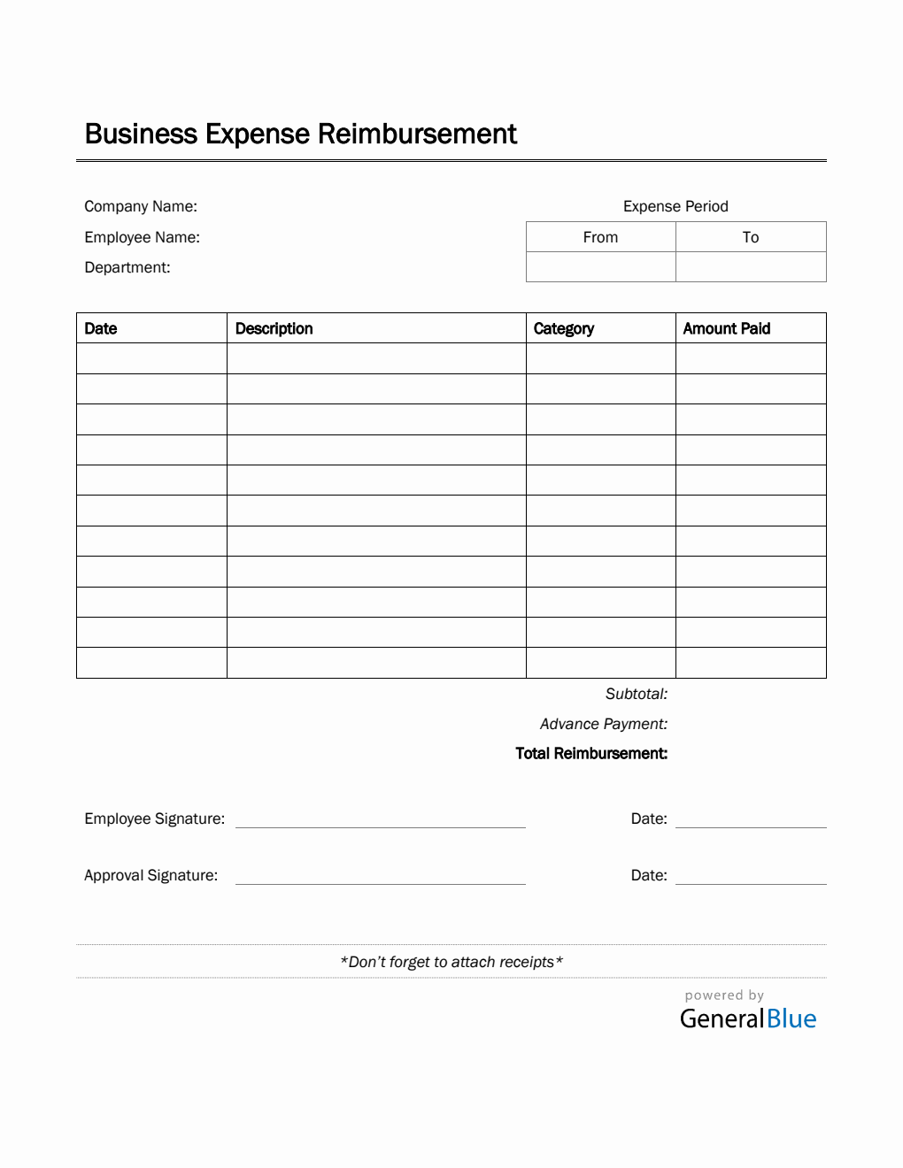 Business Expense Reimbursement in PDF (Printable)