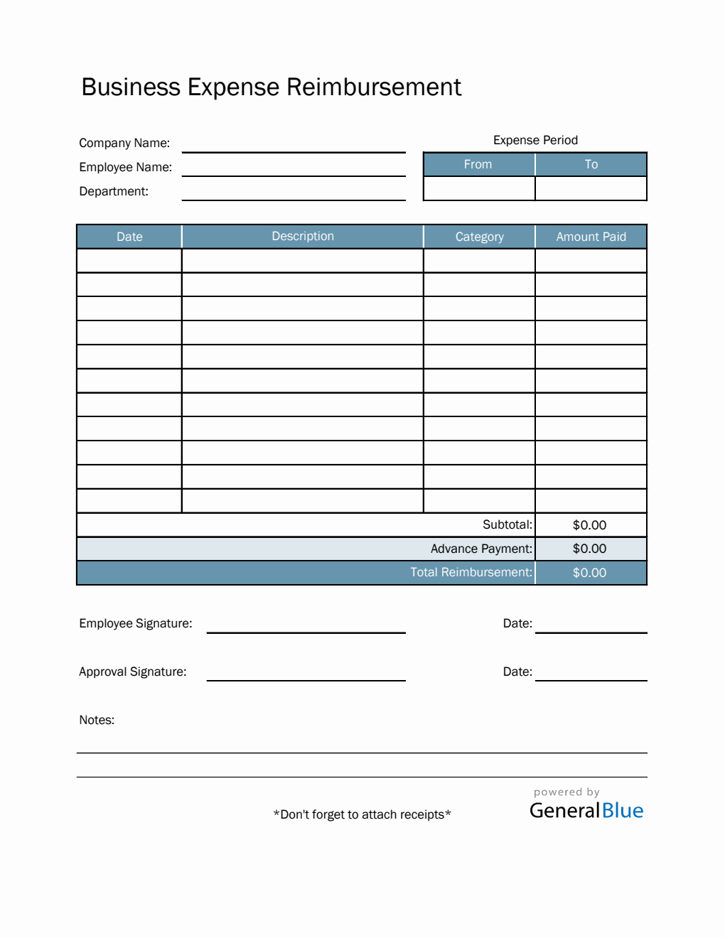 Business Expense Reimbursement in Excel (Aqua)