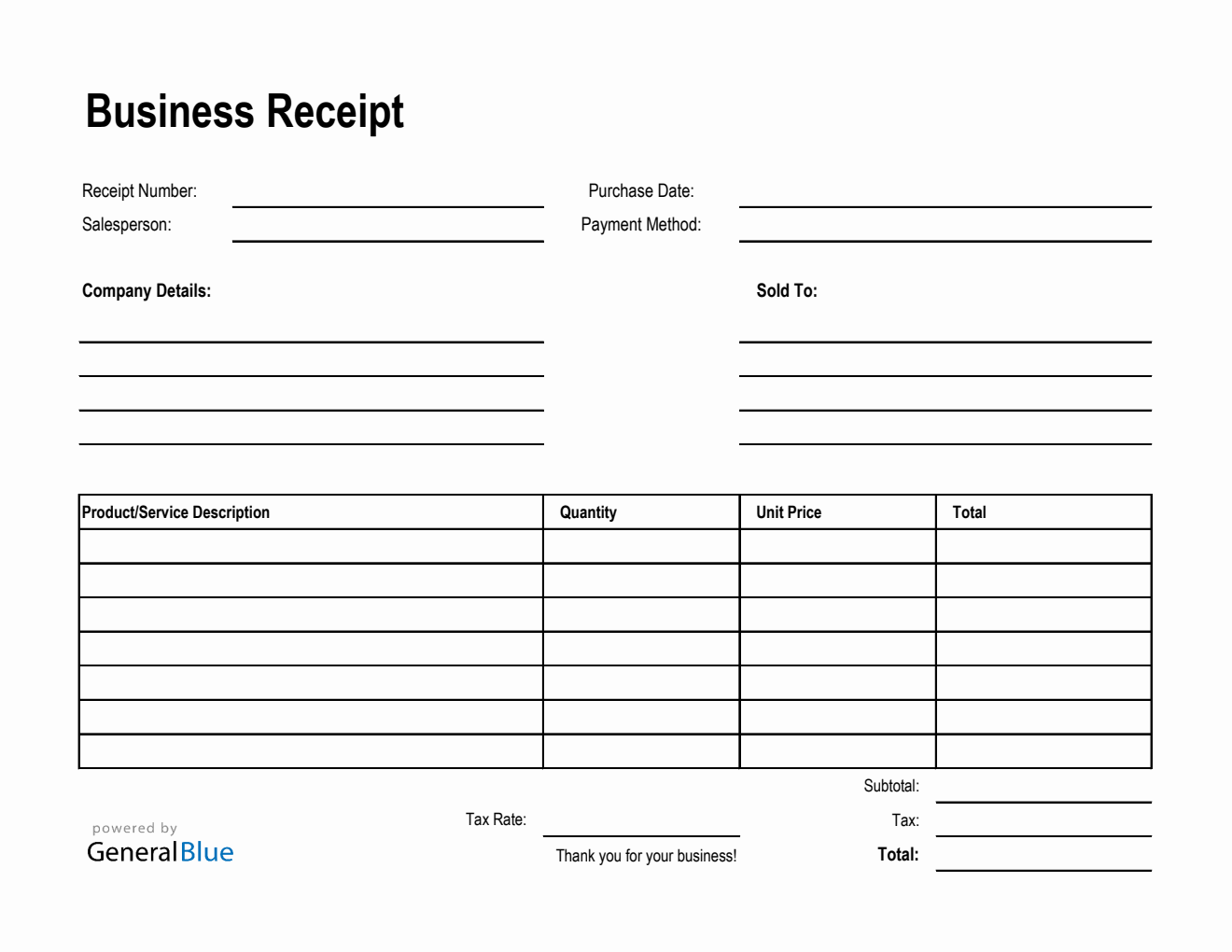 Printable Business Receipt Template in Excel