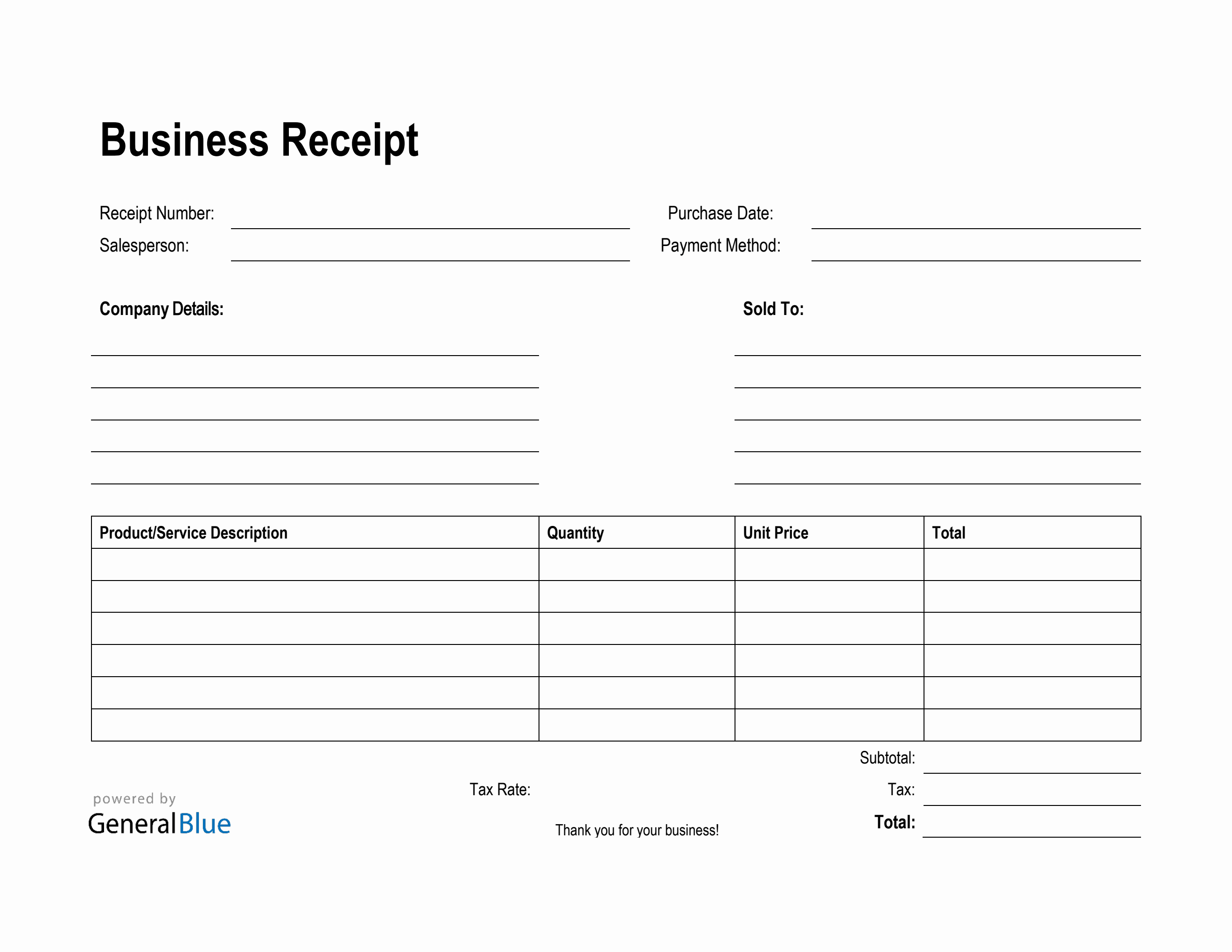 Printable Business Receipt Template in PDF