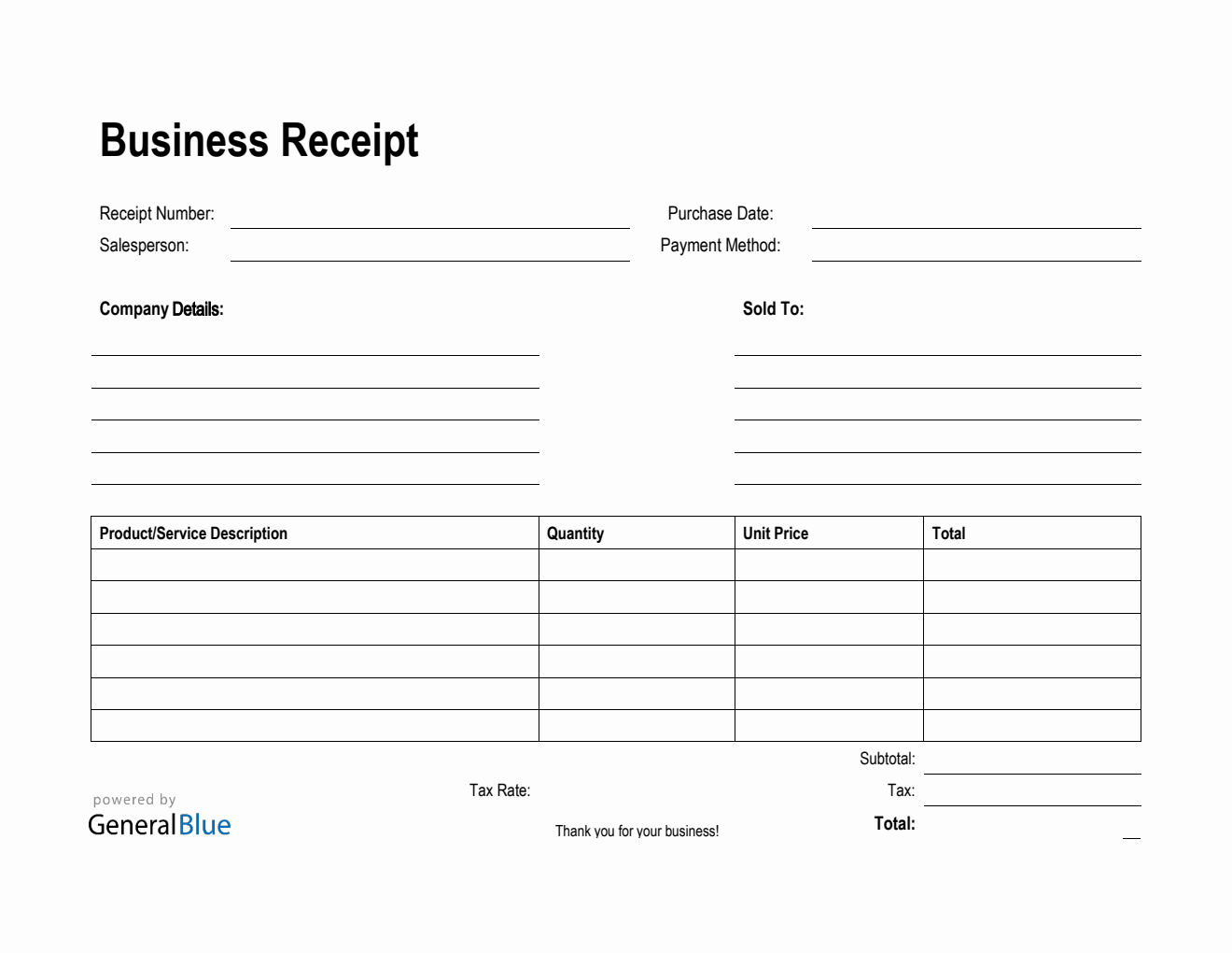 Printable Business Receipt Template in PDF