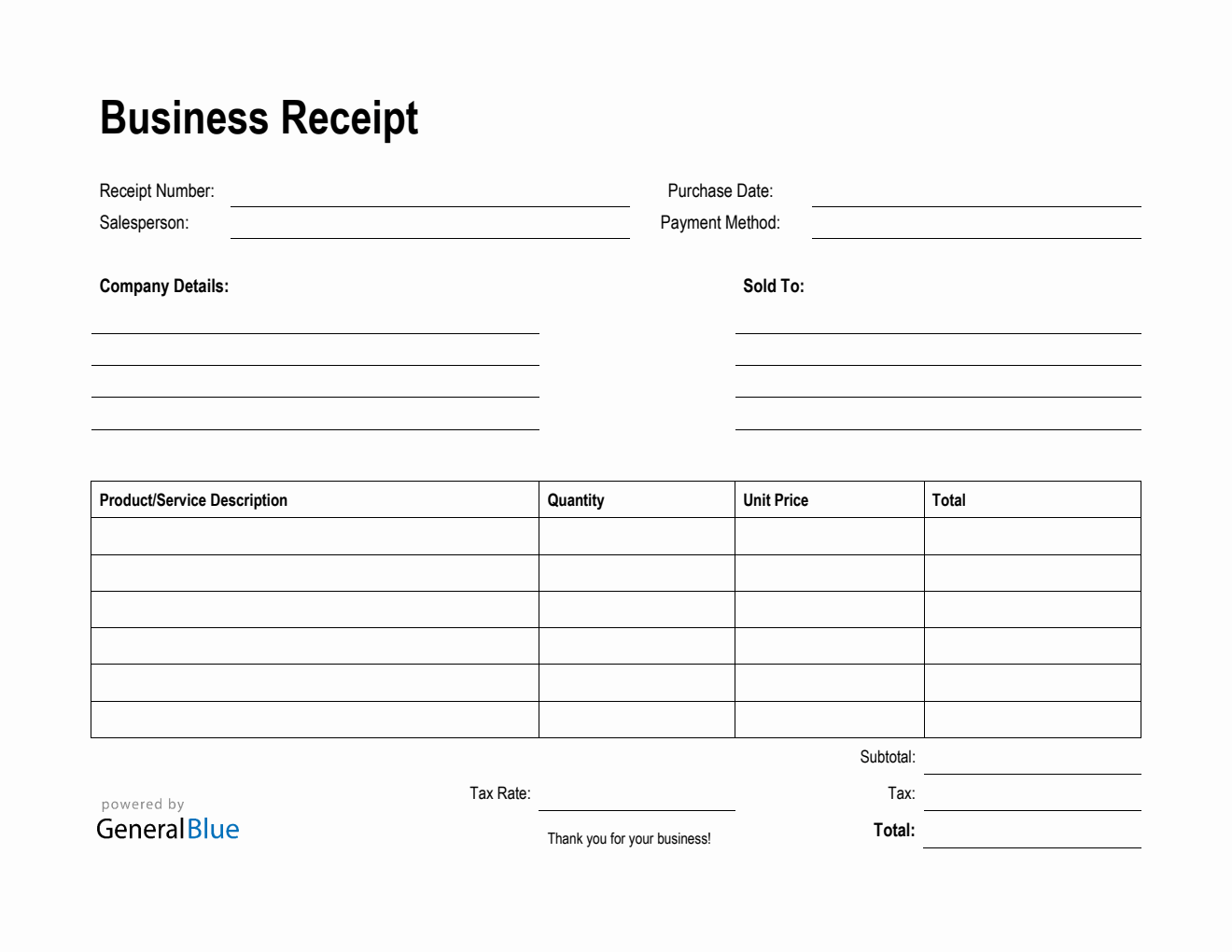 Printable Business Receipt Template in Word