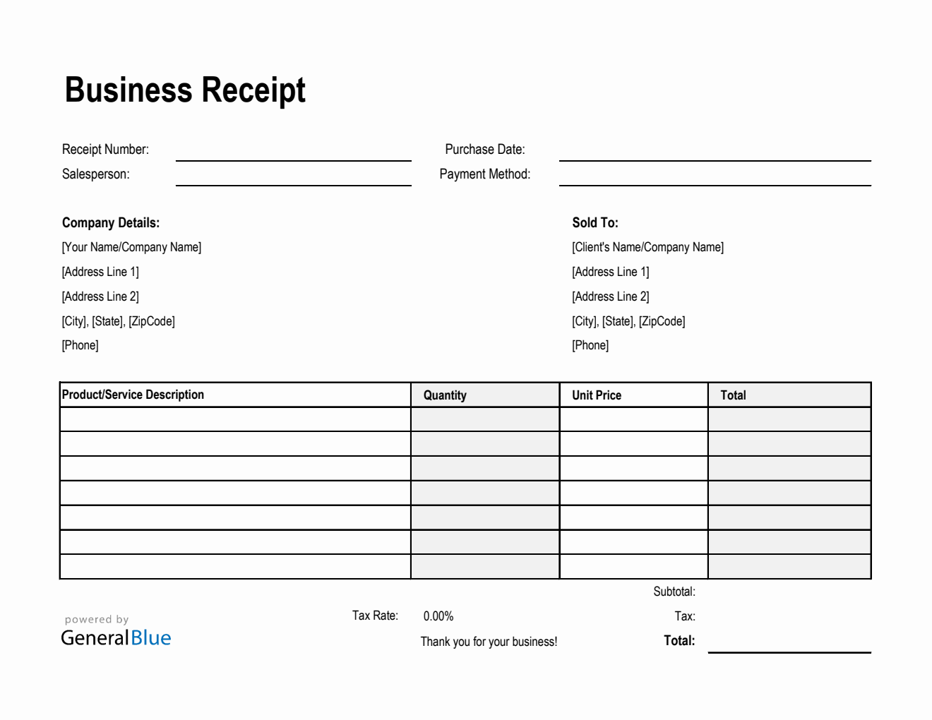 Printable Business Receipt Template In Excel