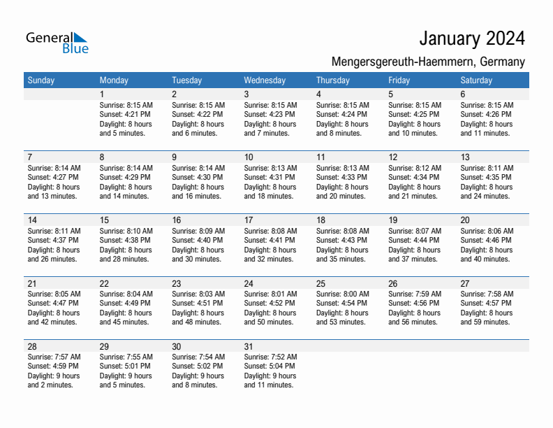 Mengersgereuth-Haemmern January 2024 sunrise and sunset calendar in PDF, Excel, and Word