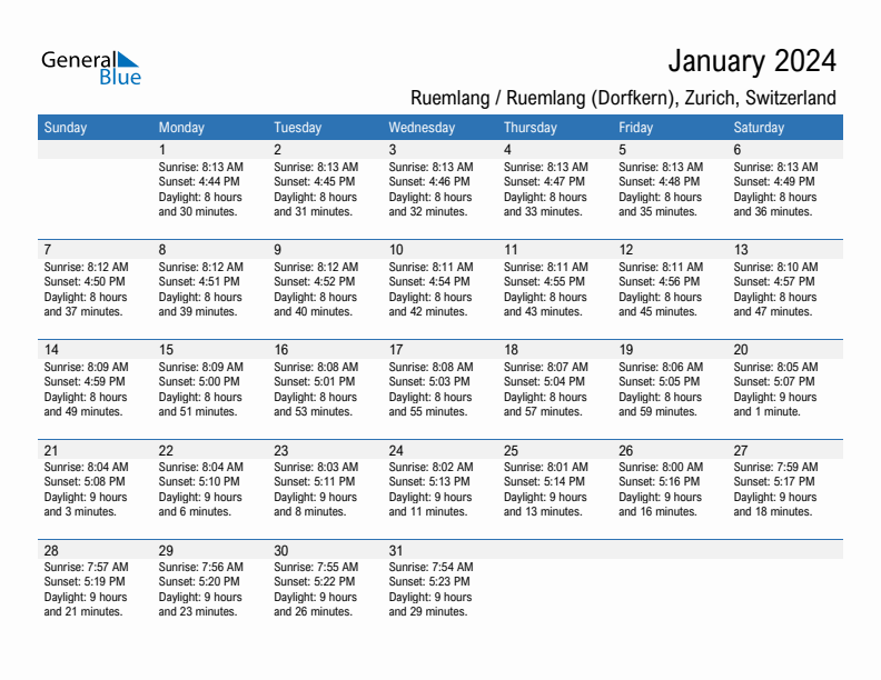 Ruemlang / Ruemlang (Dorfkern) January 2024 sunrise and sunset calendar in PDF, Excel, and Word