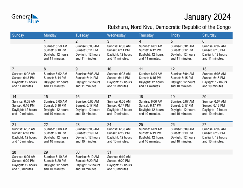 Rutshuru January 2024 sunrise and sunset calendar in PDF, Excel, and Word