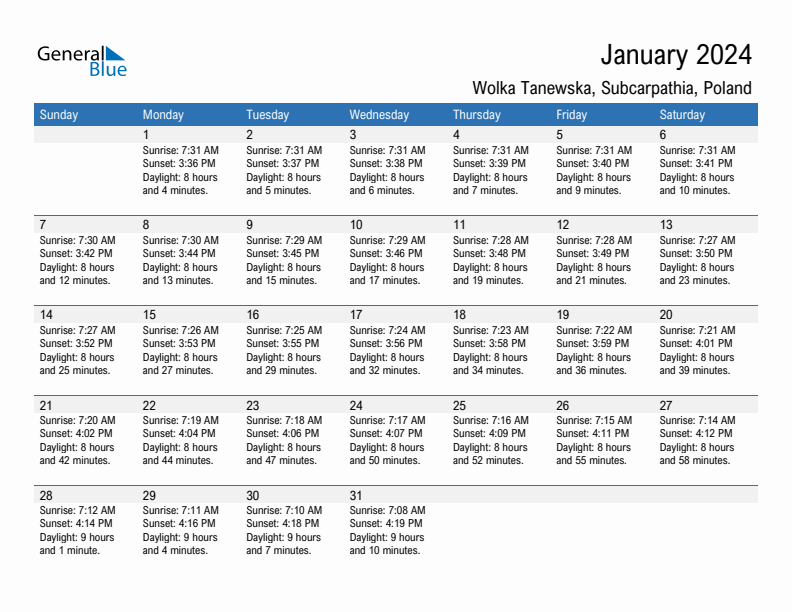 Wolka Tanewska January 2024 sunrise and sunset calendar in PDF, Excel, and Word