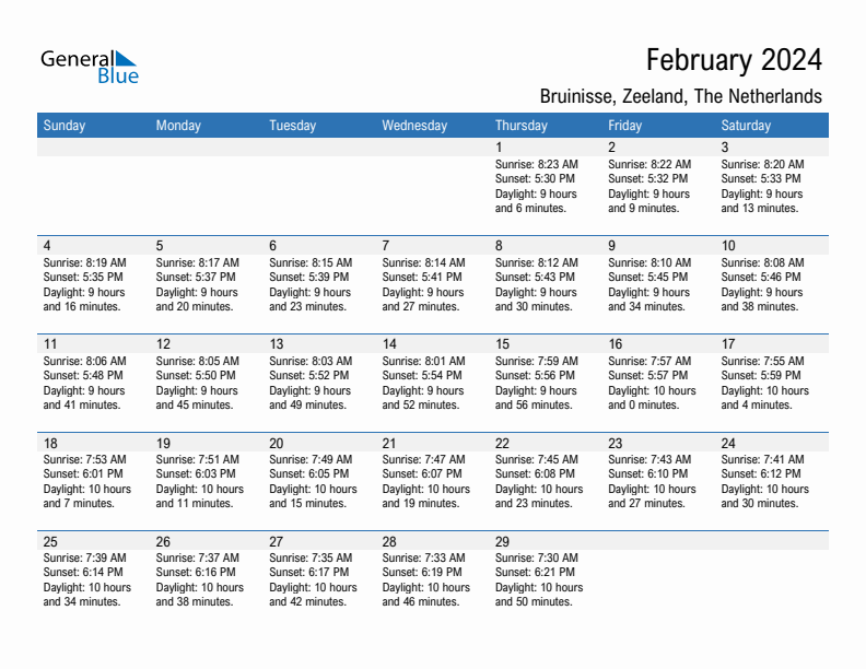 Bruinisse February 2024 sunrise and sunset calendar in PDF, Excel, and Word