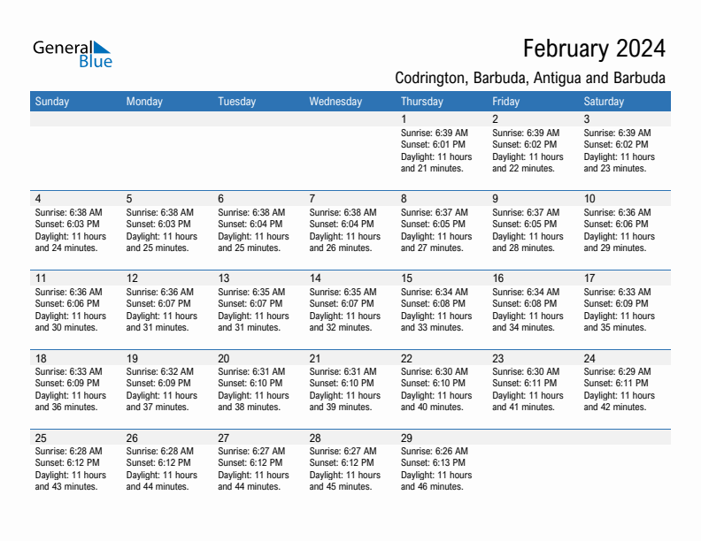 Codrington February 2024 sunrise and sunset calendar in PDF, Excel, and Word