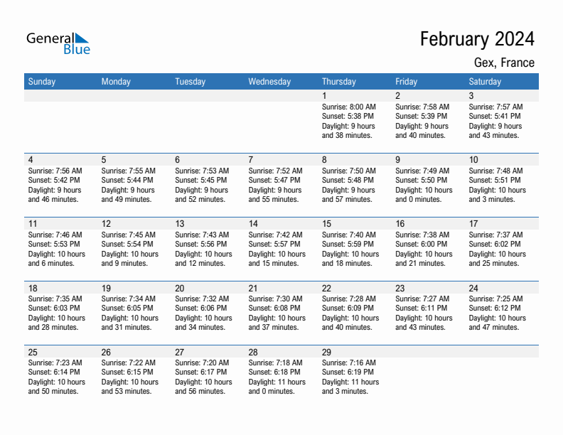 Gex February 2024 sunrise and sunset calendar in PDF, Excel, and Word
