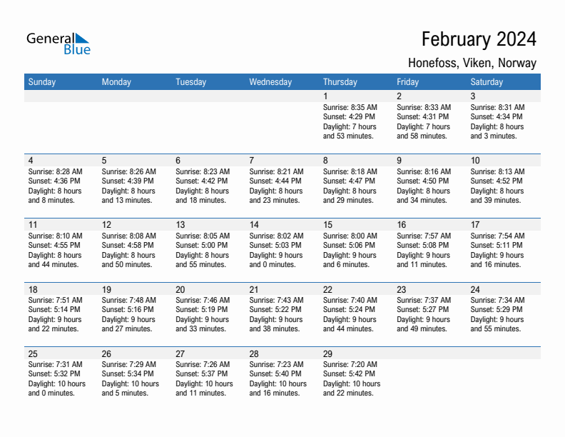 Honefoss February 2024 sunrise and sunset calendar in PDF, Excel, and Word