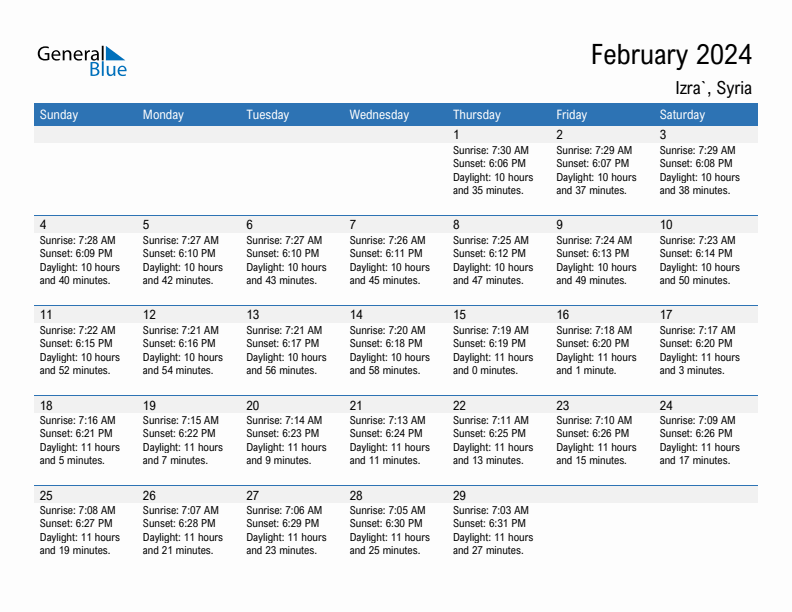 Izra` February 2024 sunrise and sunset calendar in PDF, Excel, and Word